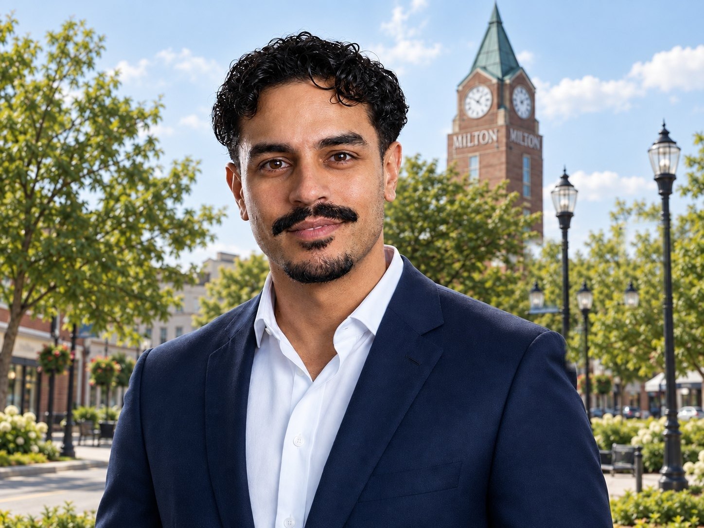 Nabil Ahmed, candidate for Ward 1 Town Councillor, in front of the Milton clock tower